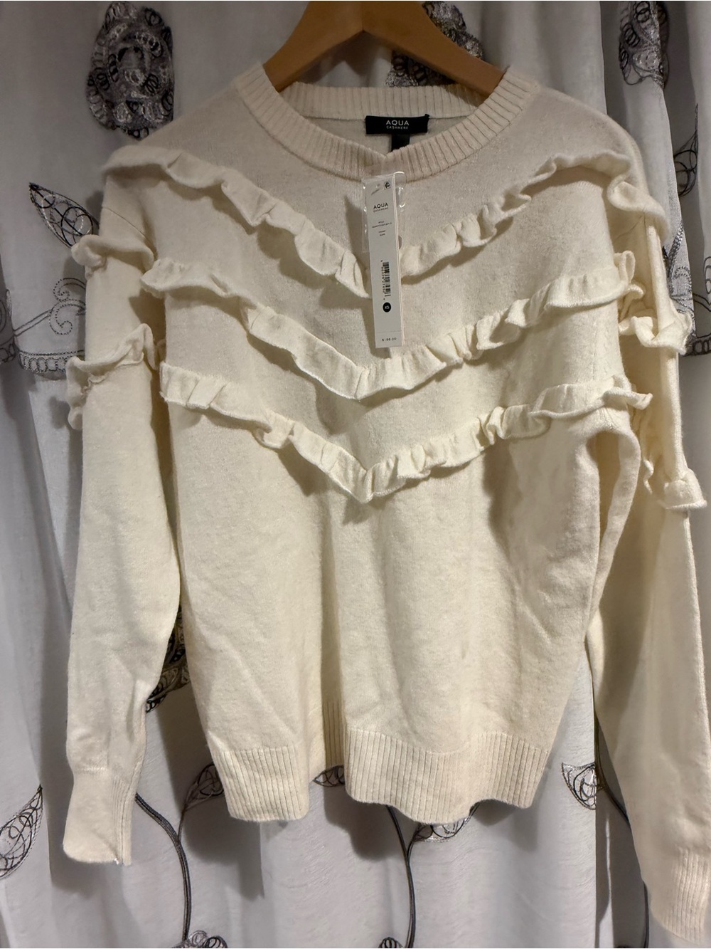 NWT AQUA Cashmere Ivory Ruffle Sweater XS $198 Bloomingdale's Coquette Cottageco